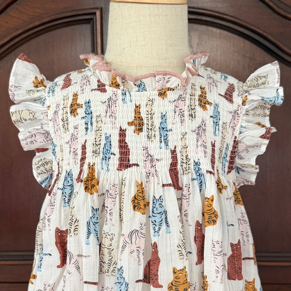 PINK CHICKEN Cat Print Dress Girls 4T Smocked Flutter Sleeve - Picture 3 of 9